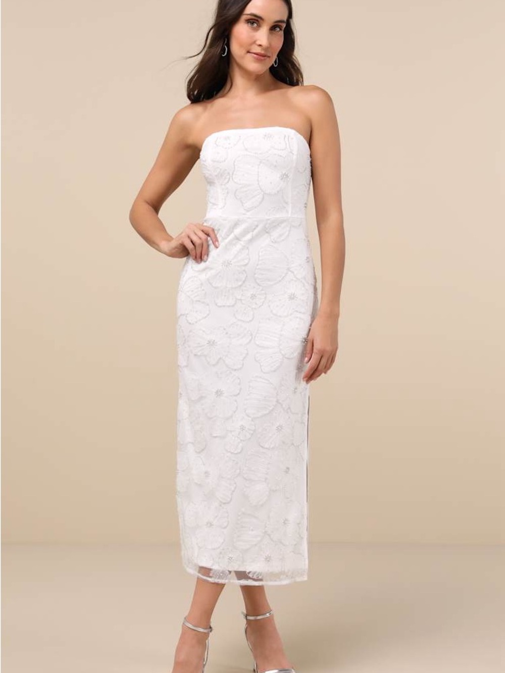 Lulus Loving Mentality White Tulle Beaded Strapless Midi Dress Size XL NWT
